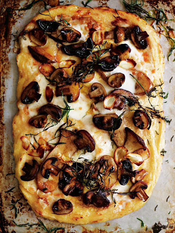 Polenta and mushroom pizza with Taleggio and tarragon