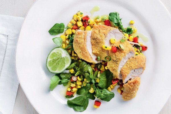 Polenta chicken with corn salsa