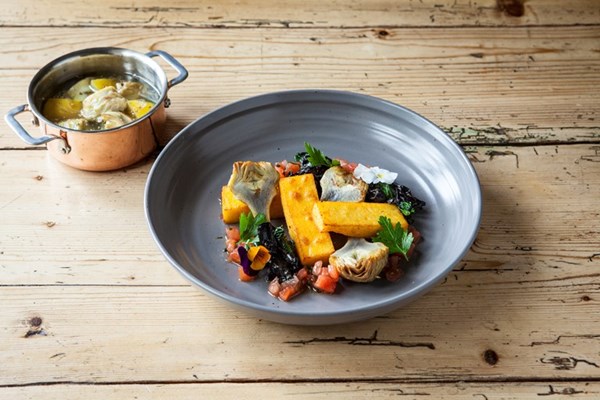  Polenta chips with baby artichokes and sauce vierge