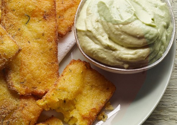 Polenta crisps with avocado and yoghurt