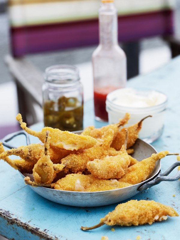 Polenta-crumbed stuffed chillies
