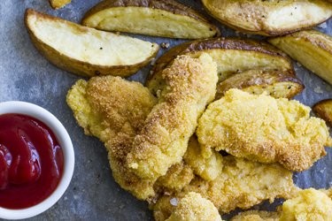 Polenta crusted chicken and chips
