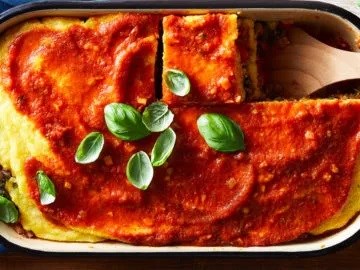 Polenta lasagna with kale and lentils