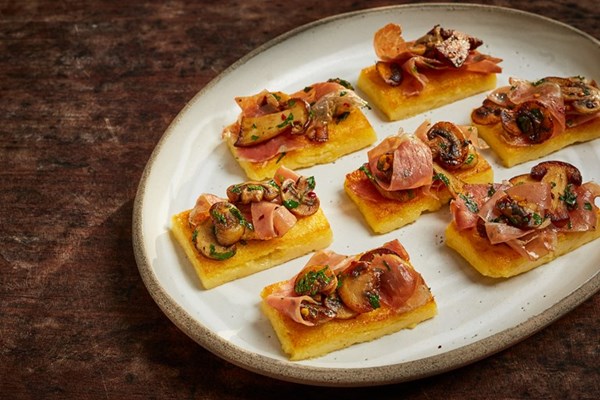 Polenta, Parma ham and cep canapés