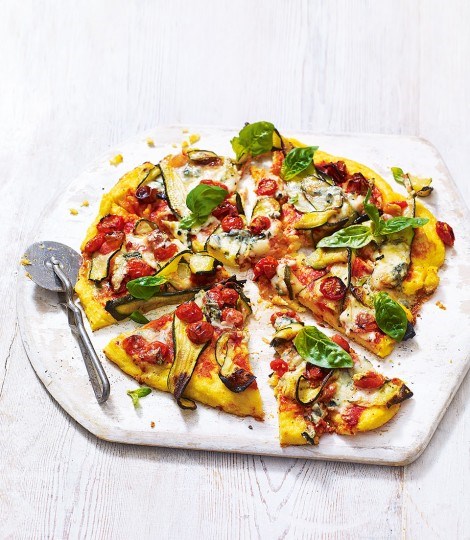 Polenta pizza with cherry tomatoes and Dolcelatte