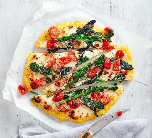 Polenta pizza with purple sprouting broccoli & mozzarella