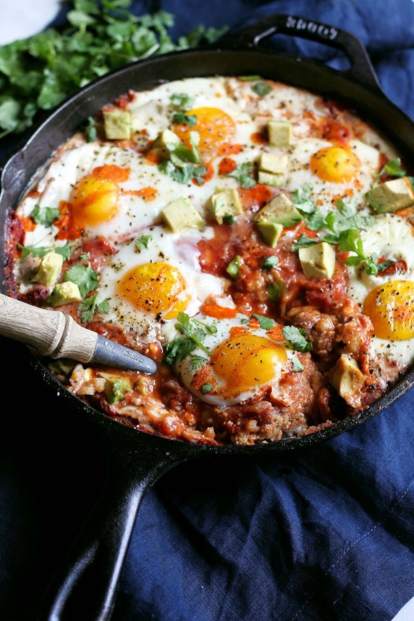 Polenta, refried beans and egg skillet bake