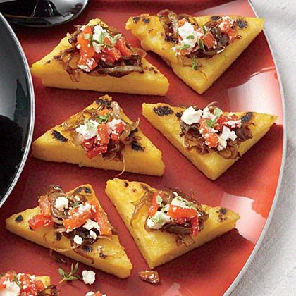 Polenta toasts with balsamic onions, roasted peppers, feta, and thyme