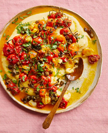 Polenta with baked tomatoes and crisp capers