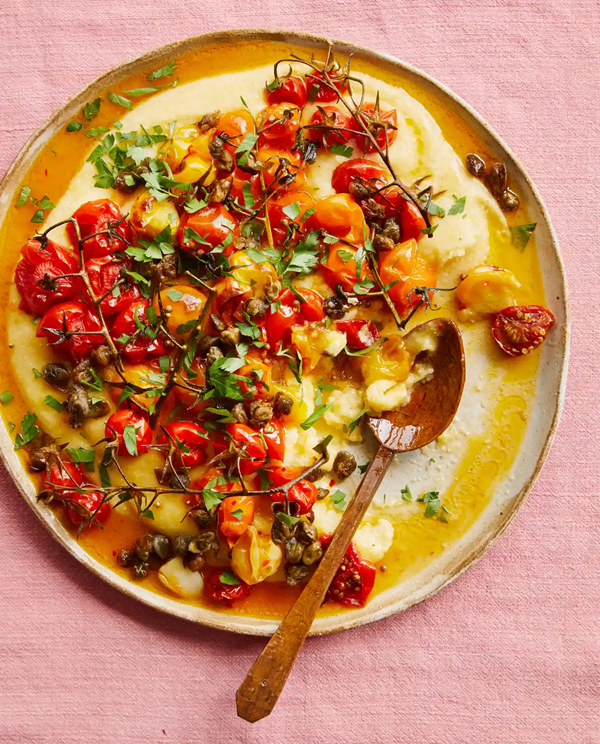 Polenta with baked tomatoes and crisp capers