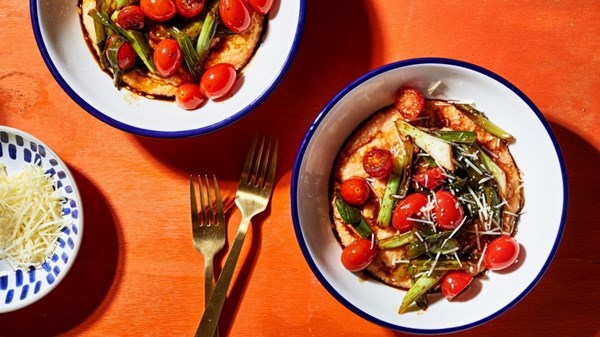 Polenta with balsamic scallion greens