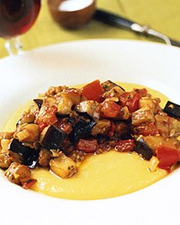 Polenta with eggplant, onion, and tomatoes