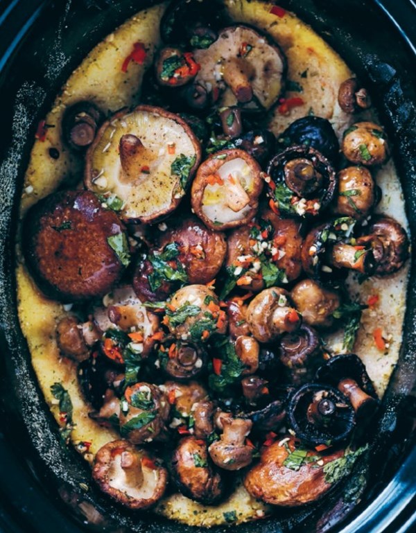 Polenta with mushrooms, chilli and Parmesan 