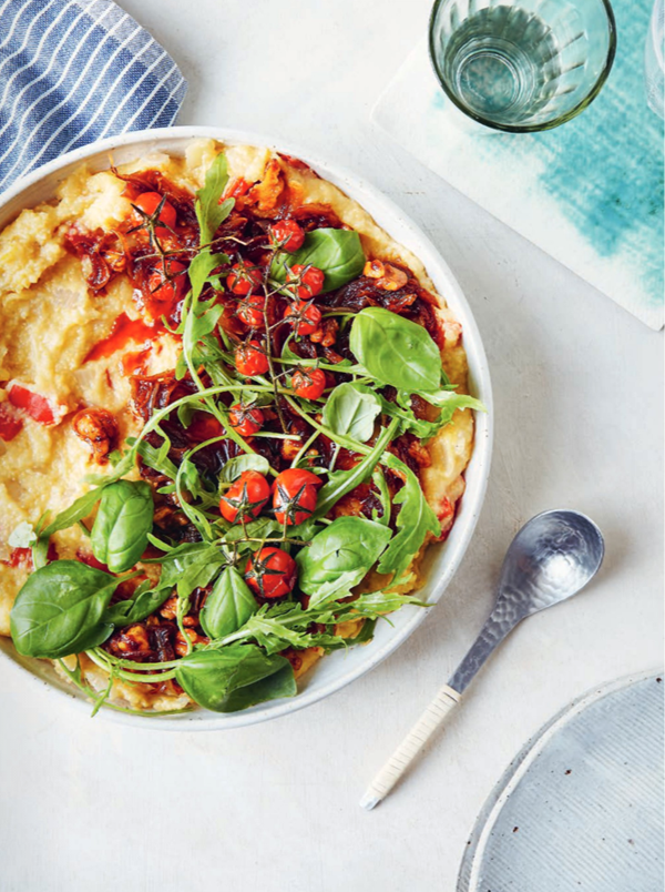 Polenta with oven-roasted tomatoes & sweet, sticky garlic