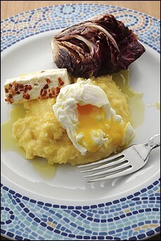 Polenta with poached egg, feta and radicchio