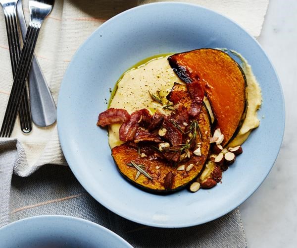 Polenta with pumpkin, speck and almonds