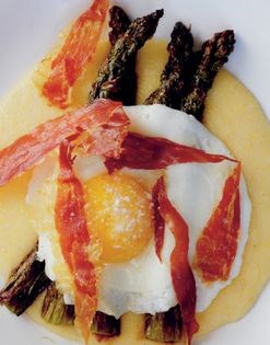 Polenta with roasted asparagus, crispy prosciutto, and eggs