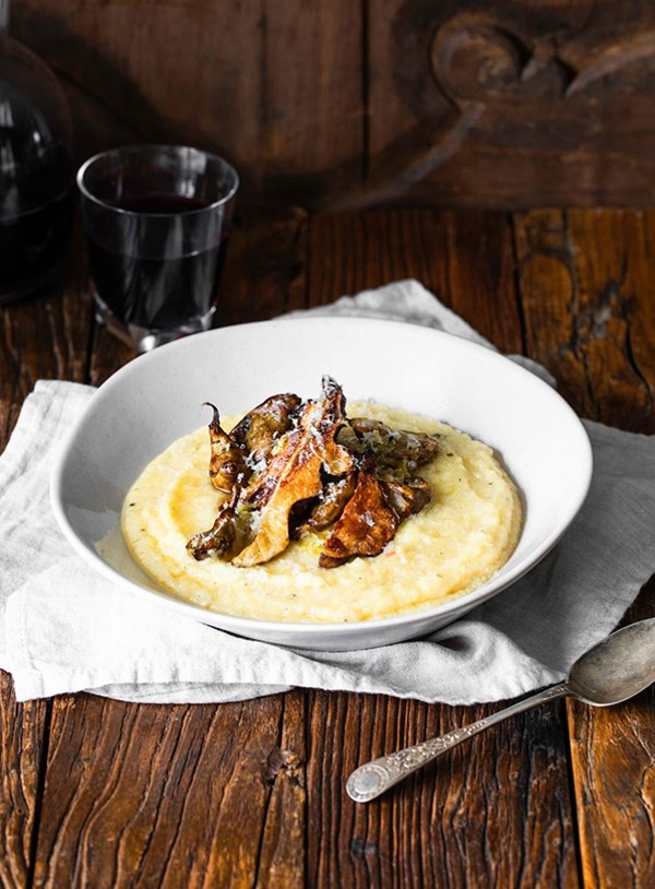 Polenta with roasted Jerusalem artichokes and garlicky lemon dressing