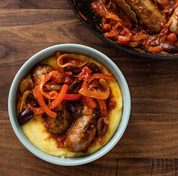 Polenta with sausage, peppers, and olives