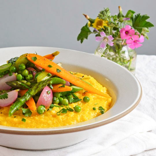 Polenta with spring vegetable ragout
