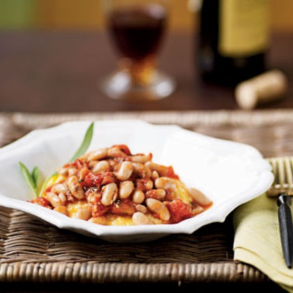 Polenta with tomato-braised beans