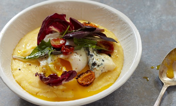 Polenta with winter salad, poached egg, and blue cheese