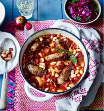 Polish sausage and beans with quick pickled cabbage