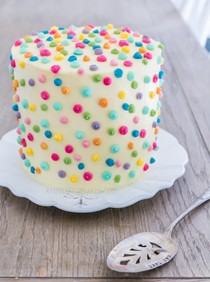 Polka dot icing cake with strawberry & rhubarb