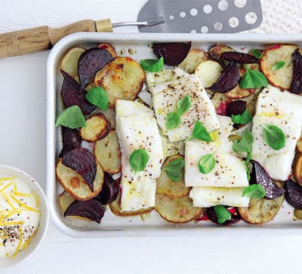 Pollack, beetroot & potato traybake with lemony crème fraîche