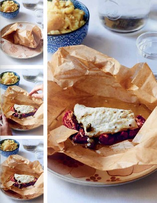 Pollack en papillote with basil and tomatoes, and crushed potatoes 
