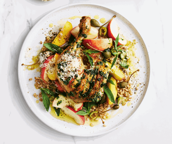 Pollo al mattone with peach and barley salad