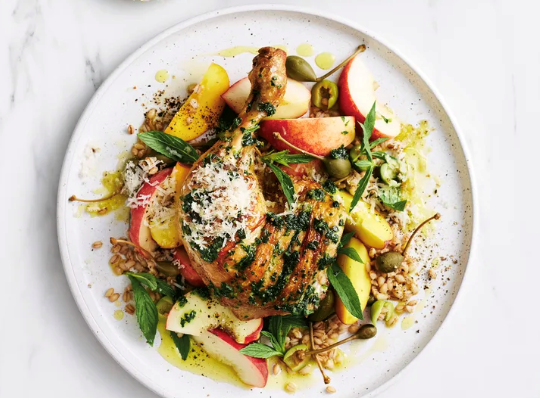 Pollo al mattone with peach and barley salad
