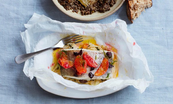 Pollock and blood orange en papillote