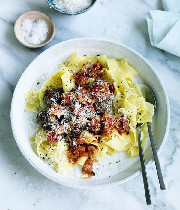Polpette with roasted tomato sauce and pappardelle