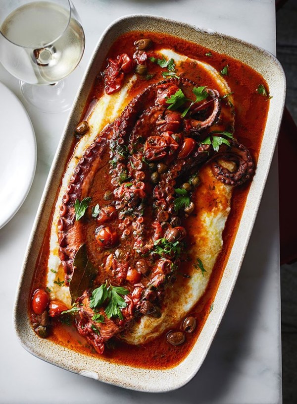 Polpo alla Luciana with soft polenta