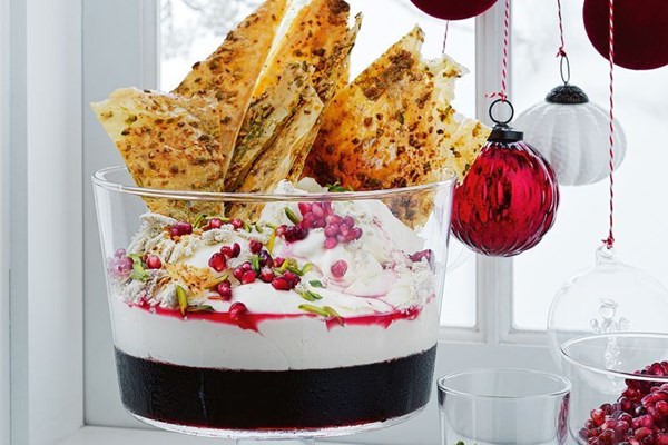Pomegranate and baklava trifle with halva cream