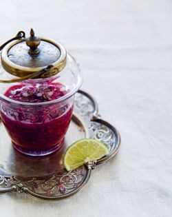 Pomegranate and raspberry chutney with black pepper and lime