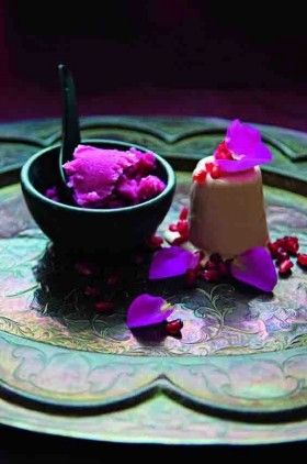 Pomegranate and rose water parfait with pomegranate sorbet