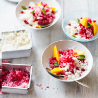 Pomegranate and yogurt granitas with mango and mint