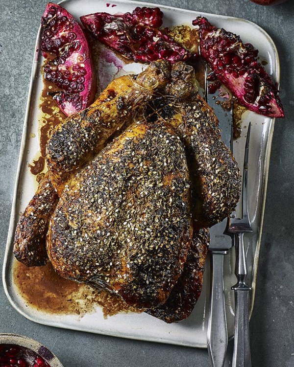 Pomegranate and za’atar chicken with cucumber, radish and walnut salad