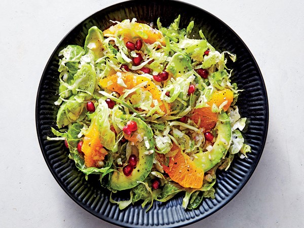 Pomegranate, avocado, and citrus Brussels sprouts salad