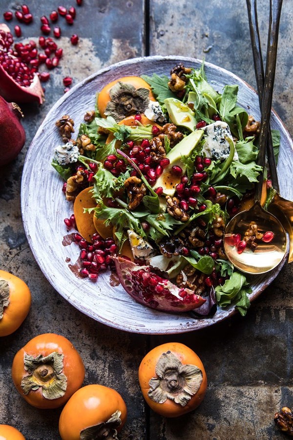 Pomegranate avocado salad with candied walnuts