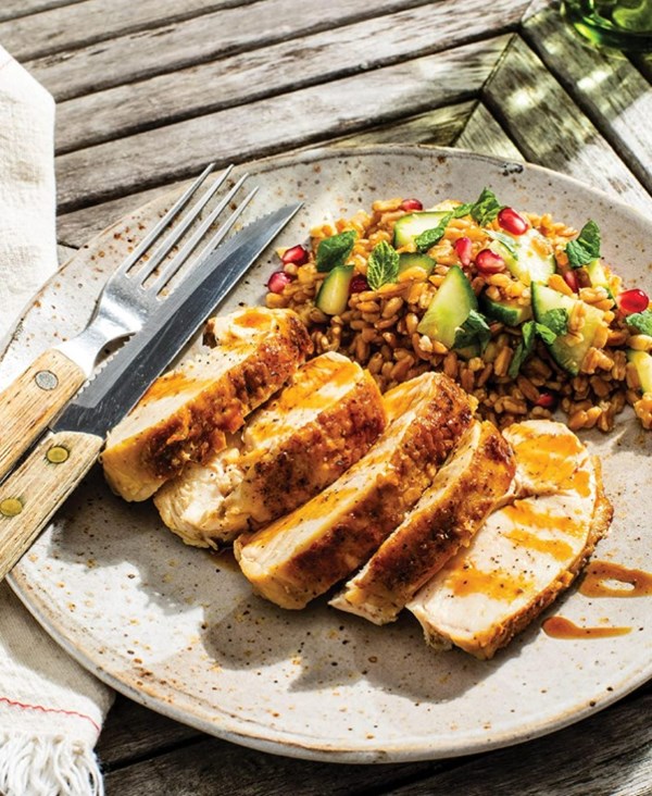 Pomegranate chicken with farro and cucumber salad