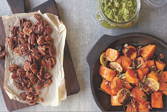 Pomegranate-ginger sweet potatoes with pecans and pumpkin seeds