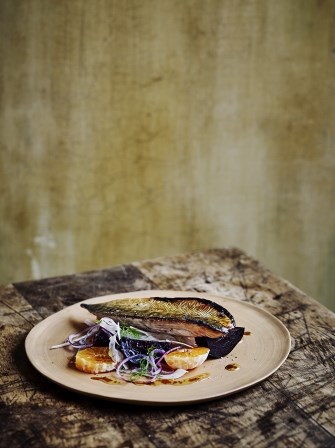 Pomegranate-glazed mackerel with satsuma & fennel salad