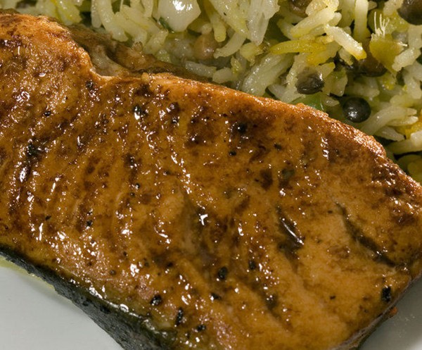 Pomegranate-glazed salmon with mejadra