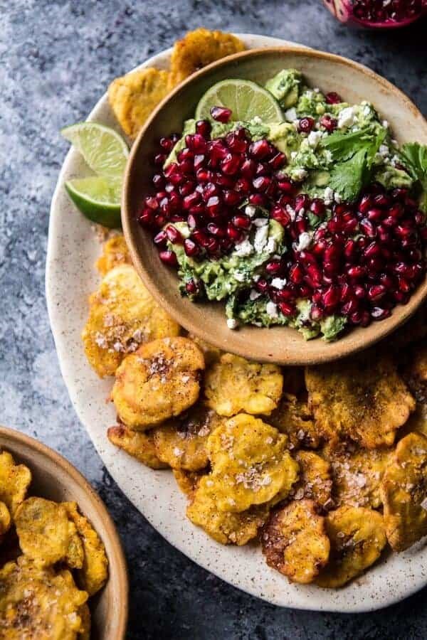 Pomegranate guacamole with fried plantain chips
