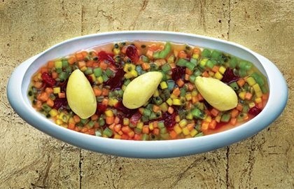 Pomegranate jelly, fruit salad and passion fruit and banana sorbet