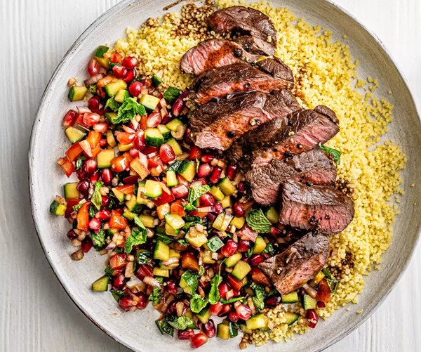 Pomegranate lamb with chopped salad