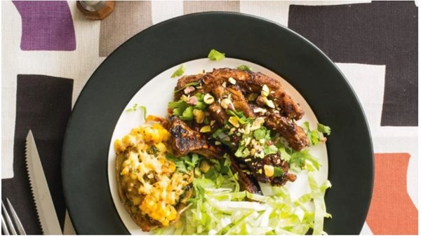 Pomegranate pork ribs with baked potatoes